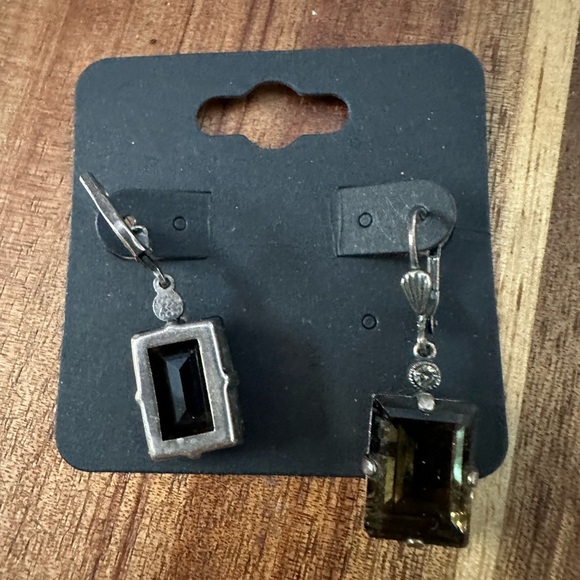 Root Beer Brown and clear stone Lever Back Earrings - pewter tone - Picture 2 of 3